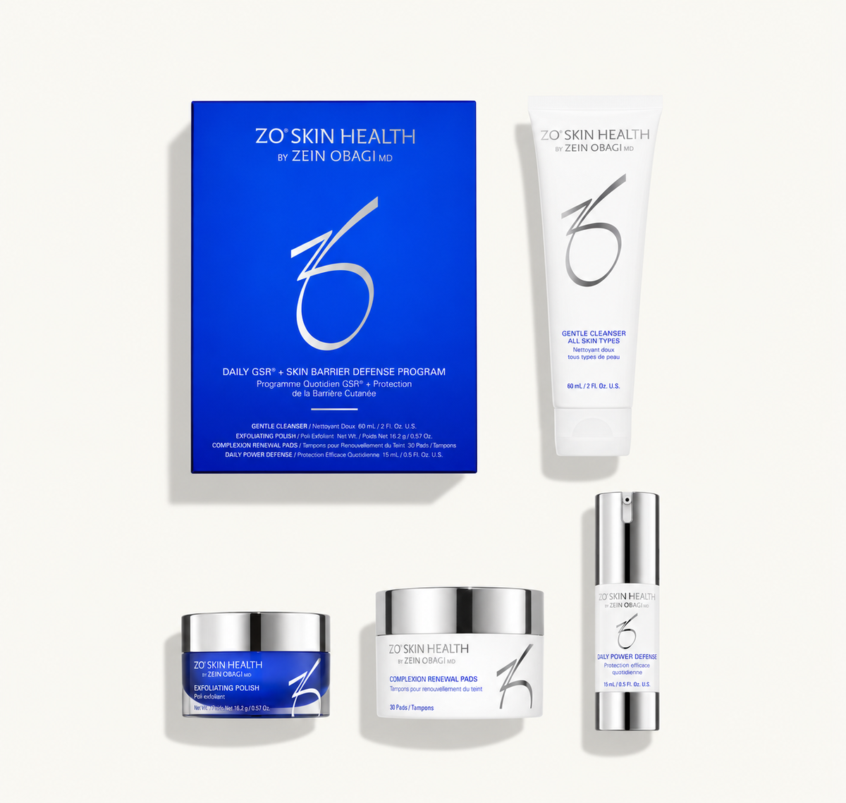 ZO Daily GSR + Skin Barrier Defense Program kit with Gentle Cleanser, Exfoliating Polish, Complexion Renewal Pads and Daily Power Defense