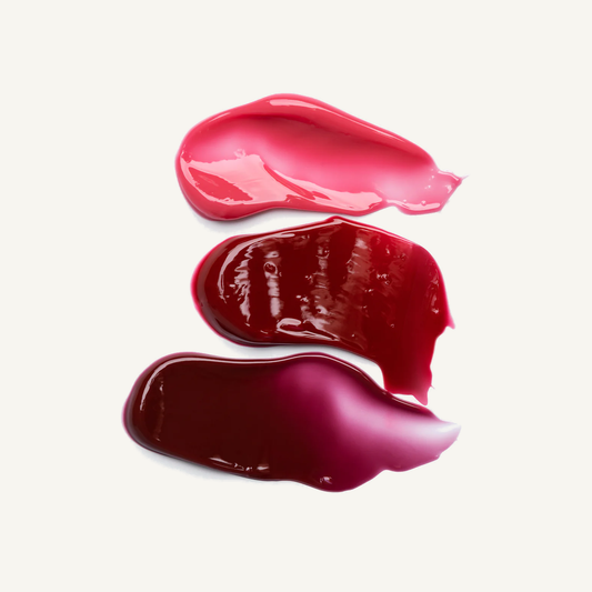 Facile Berry Tinted Lip Jelly Set glossy Berry, Rose and Rouge shade swatches on a warm cream background