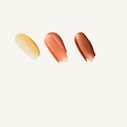 Facile Nude Tinted Lip Jelly Set Champagne, Cognac and Clove shade swatches on a warm cream background