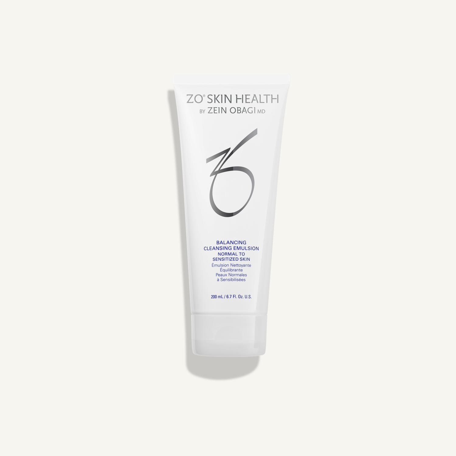 ZO Balancing Cleansing Emulsion 200 mL tube on warm cream background