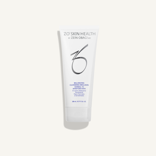 ZO Balancing Cleansing Emulsion 200 mL tube on warm cream background