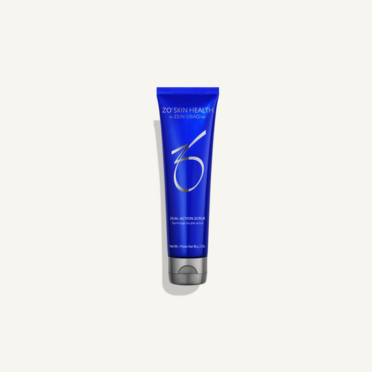 ZO Dual Action Scrub 58 g travel size on cream background