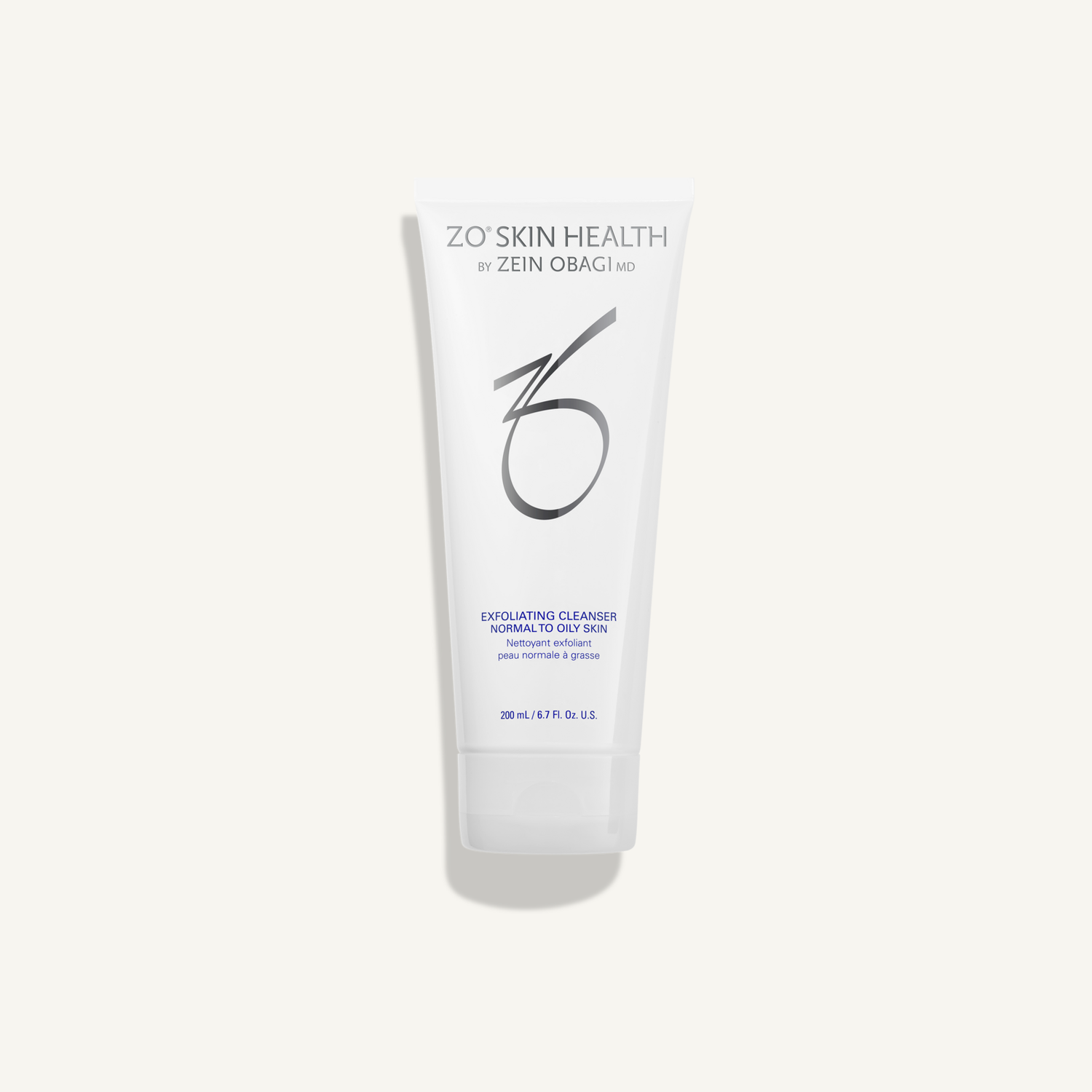 ZO Exfoliating Cleanser 200 mL full-size tube on warm cream background
