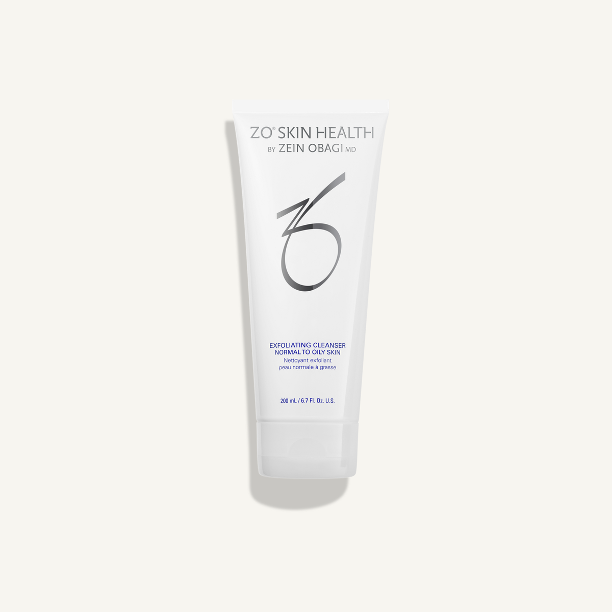ZO Exfoliating Cleanser 200 mL full-size tube on warm cream background