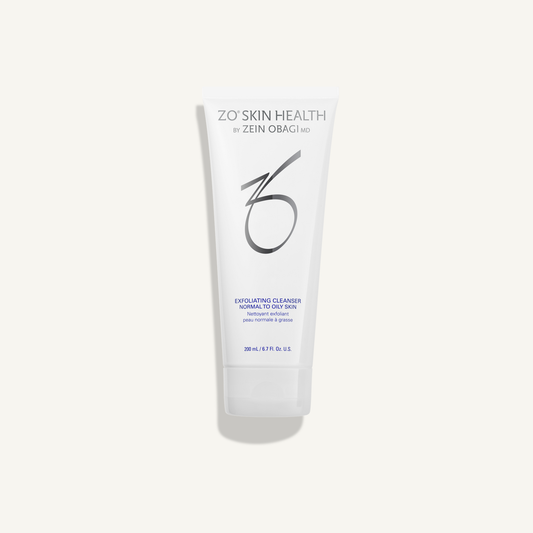 ZO Exfoliating Cleanser 200 mL full-size tube on warm cream background