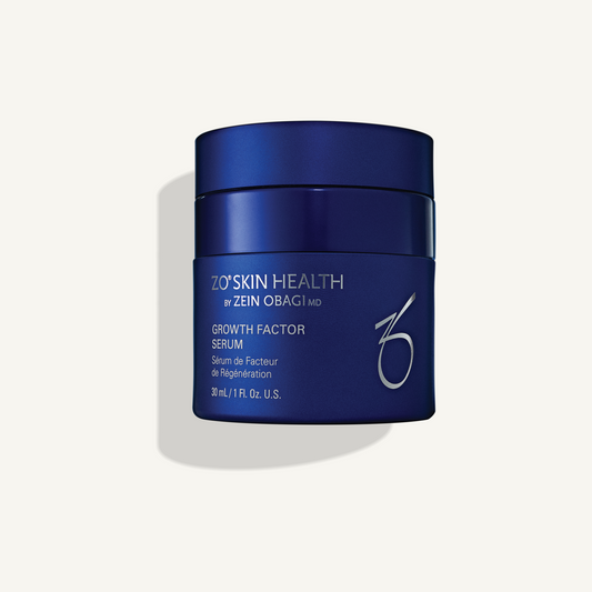 ZO Growth Factor Serum on a warm cream background
