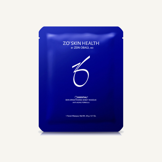  ZO Skin Brightening Sheet Masque single blue sachet on warm cream background