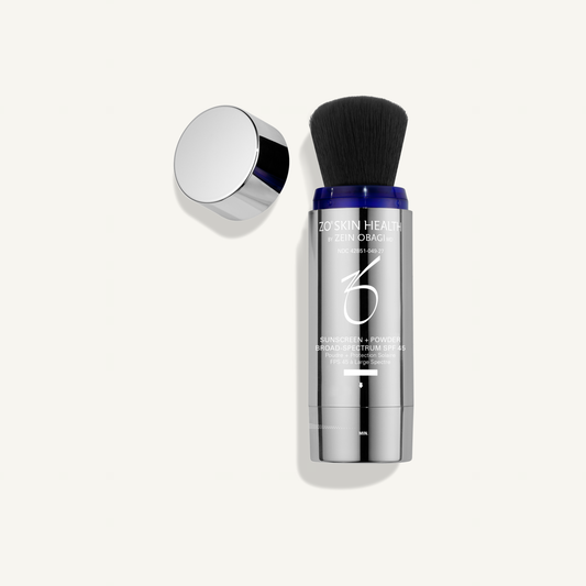 ZO Sunscreen + Powder Broad-Spectrum SPF 45, DEEP on a warm cream background