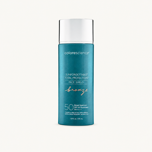Colorescience Sunforgettable Total Protection Face Shield Bronze SPF 50 on a warm cream background