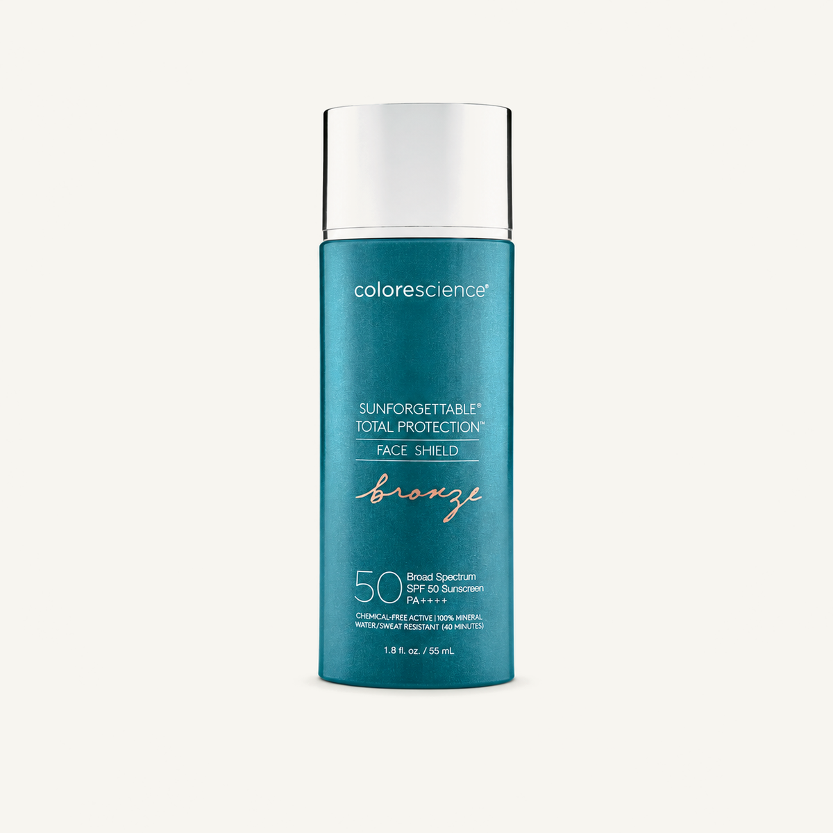 Colorescience Sunforgettable Total Protection Face Shield Bronze SPF 50 on a warm cream background