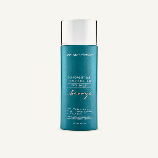 Colorescience Sunforgettable Total Protection Face Shield Bronze SPF 50 on a warm cream background