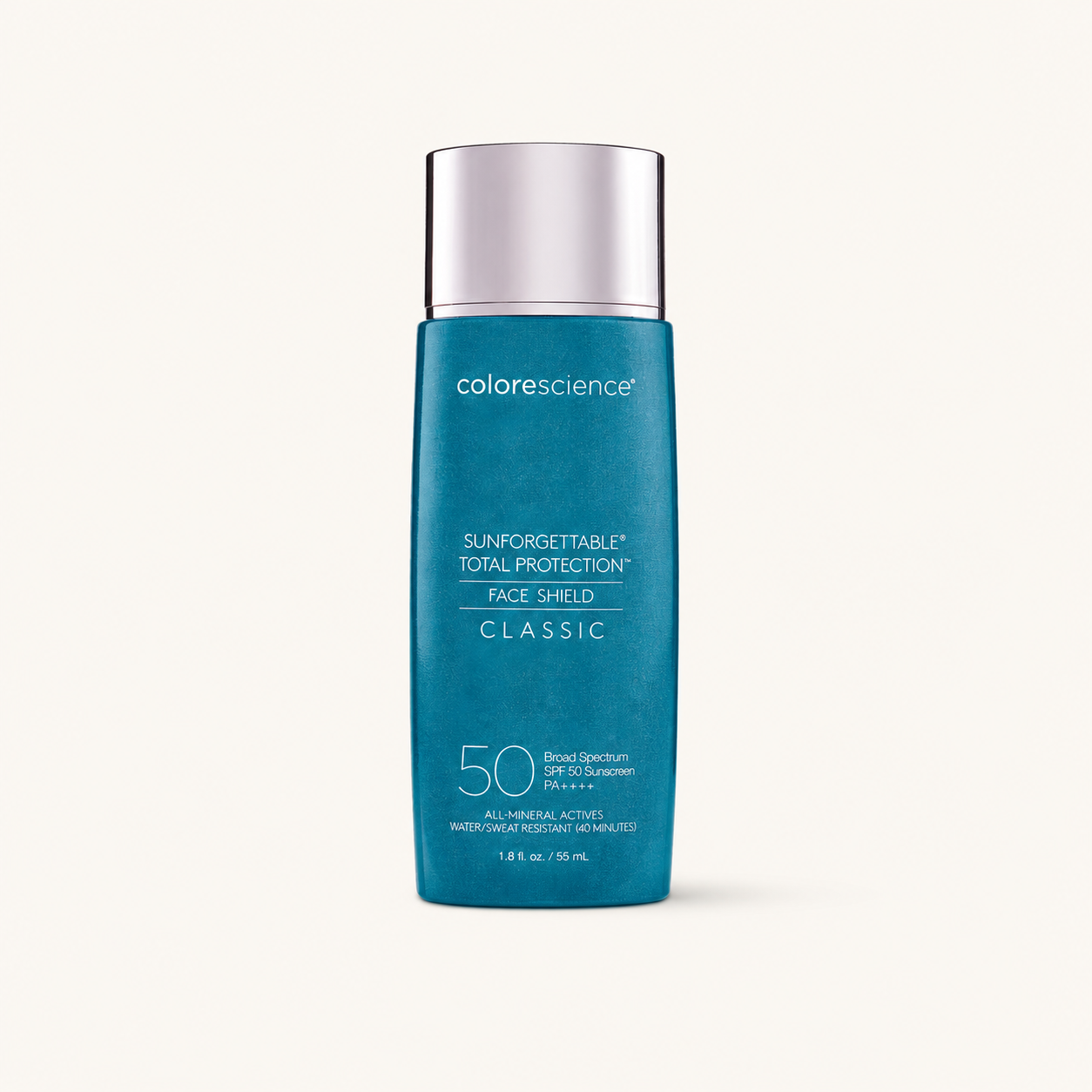 Colorescience Sunforgettable Total Protection Face Shield Classic SPF 50 on a warm cream background