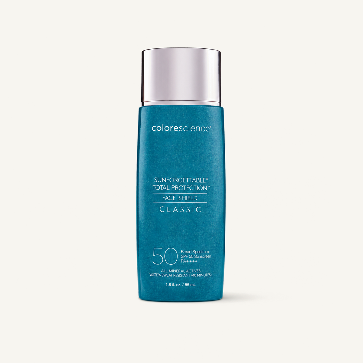 Colorescience Sunforgettable Total Protection Face Shield Classic SPF 50 on a warm cream background