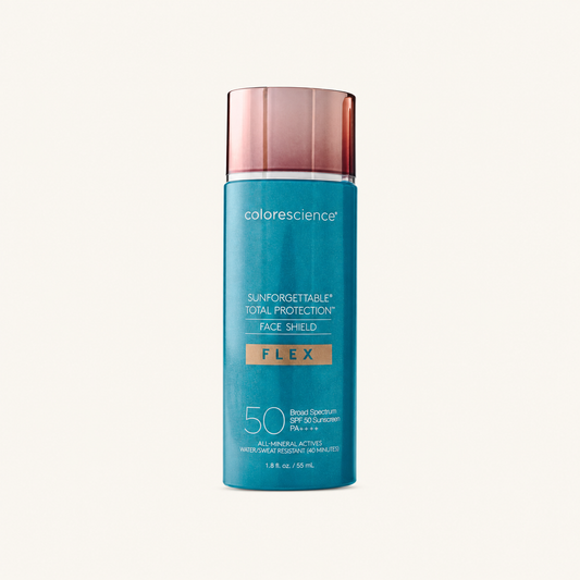 Colorescience Sunforgettable Total Protection Face Shield FLEX SPF 50 on a warm cream background