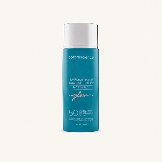 Colorescience Sunforgettable Total Protection Face Shield Glow SPF 50 on a warm cream background