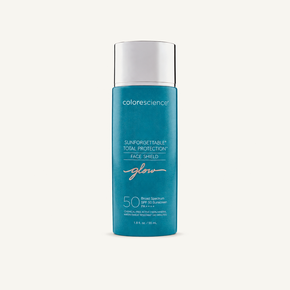 Colorescience Sunforgettable Total Protection Face Shield Glow SPF 50 on a warm cream background