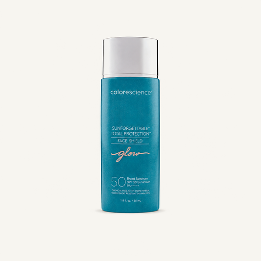 Colorescience Sunforgettable Total Protection Face Shield Glow SPF 50 on a warm cream background