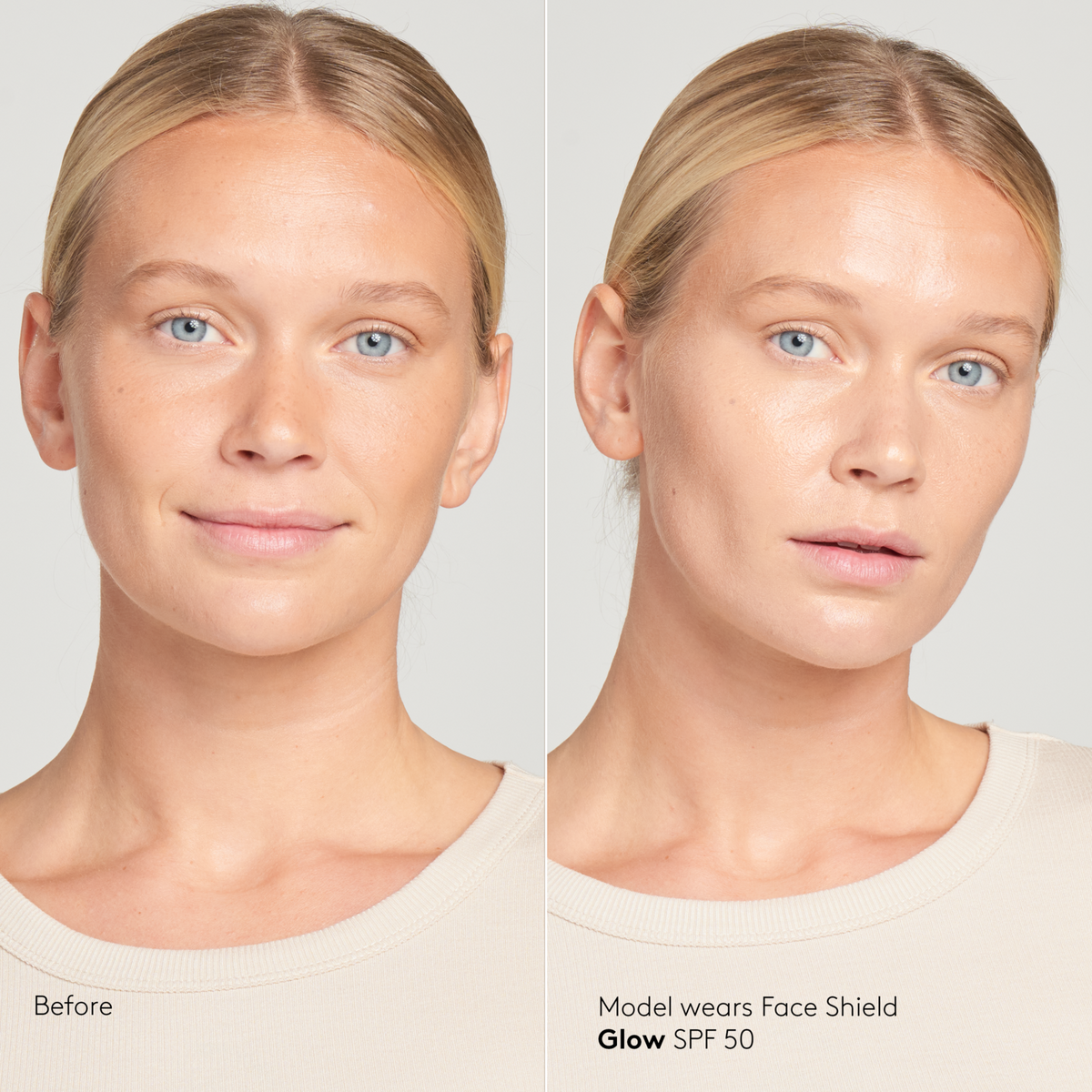 Before and after model wearing Colorescience Face Shield Glow SPF 50