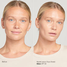 Load image into Gallery viewer, Before and after model wearing Colorescience Face Shield Glow SPF 50
