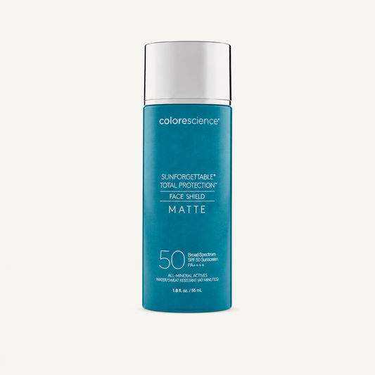 Colorescience Sunforgettable Total Protection Face Shield Matte SPF 50 on a warm cream background
