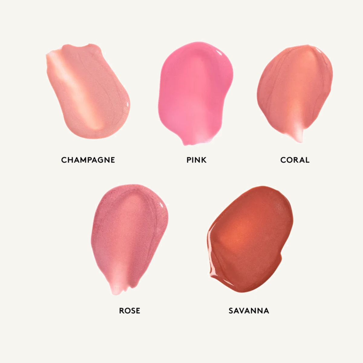 Colorescience Peptide Lip Shine swatches in Champagne, Pink, Coral, Rose and Savanna on a warm cream background