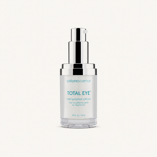 Colorescience Total Eye Firm & Repair on a warm cream background
