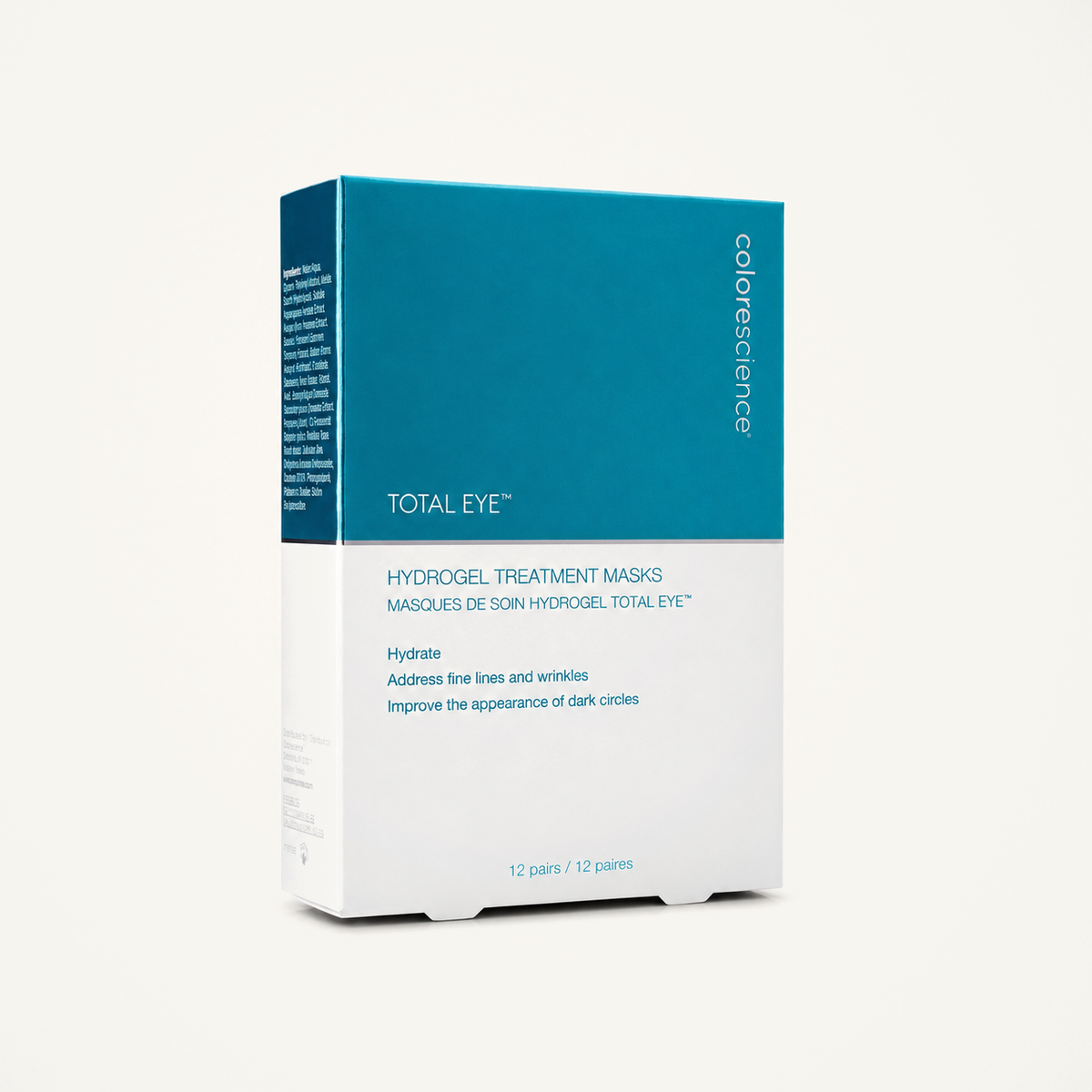 Colorescience Total Eye Hydrogel Treatment Masks box on a warm cream background