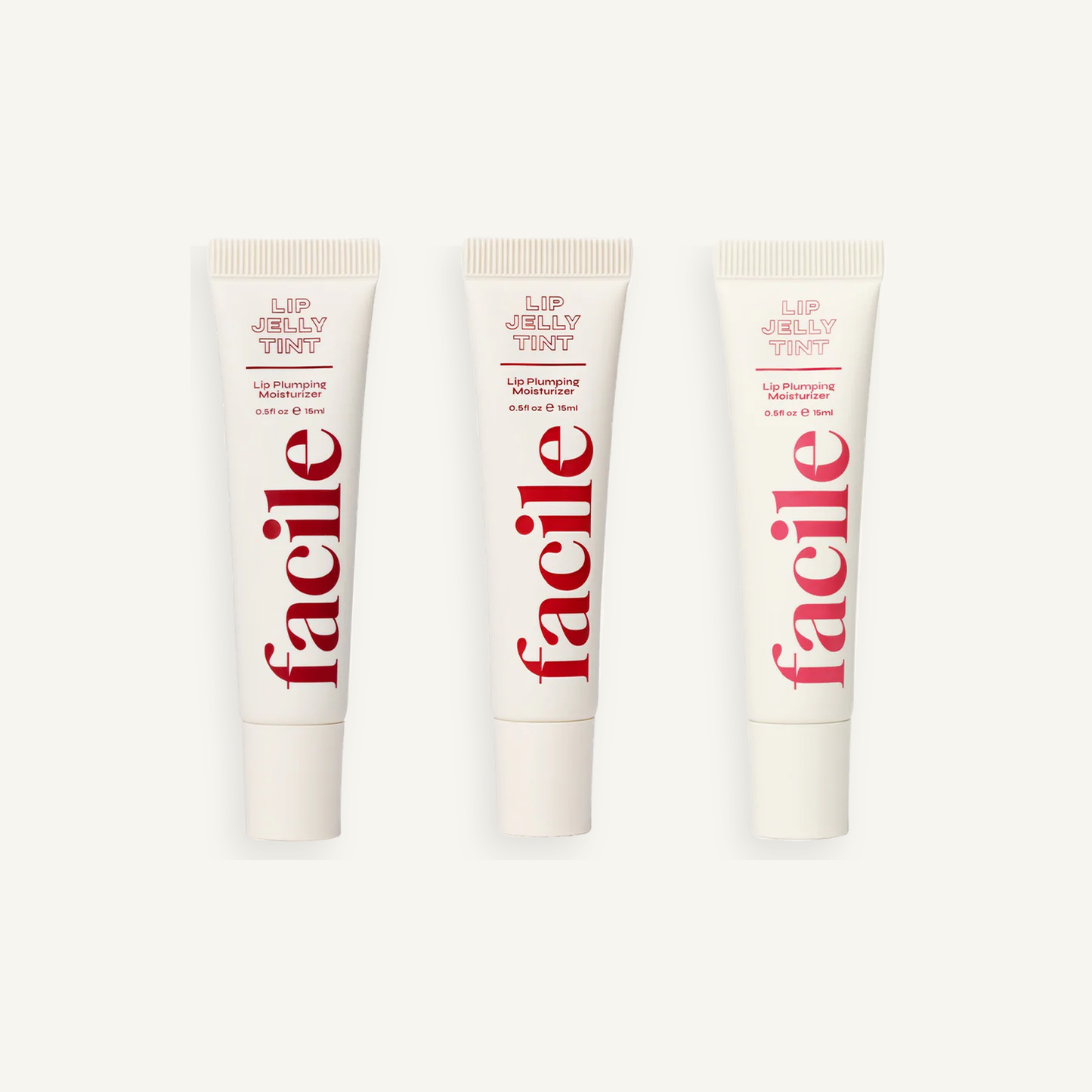Facile Berry Tinted Lip Jelly Set with Berry, Rose and Rouge tubes on a warm cream background