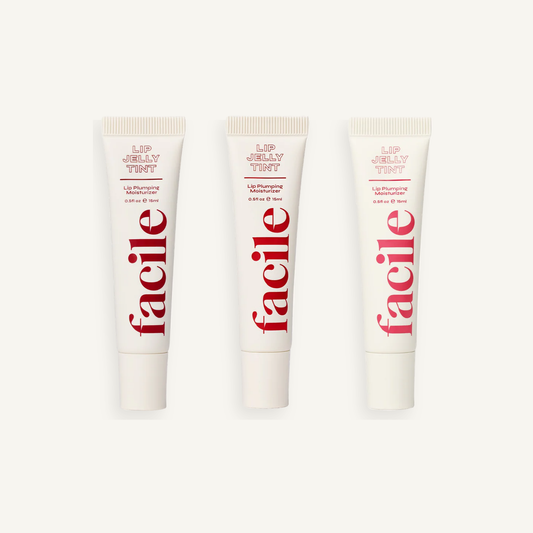 Facile Berry Tinted Lip Jelly Set with Berry, Rose and Rouge tubes on a warm cream background