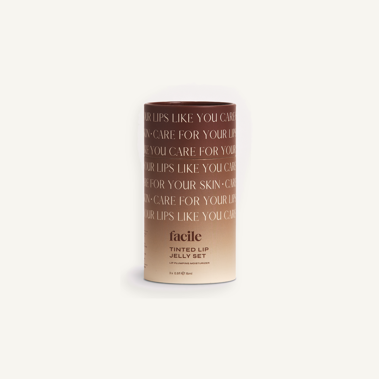 Facile Nude Tinted Lip Jelly Set with Champagne, Cognac and Clove on a warm cream background